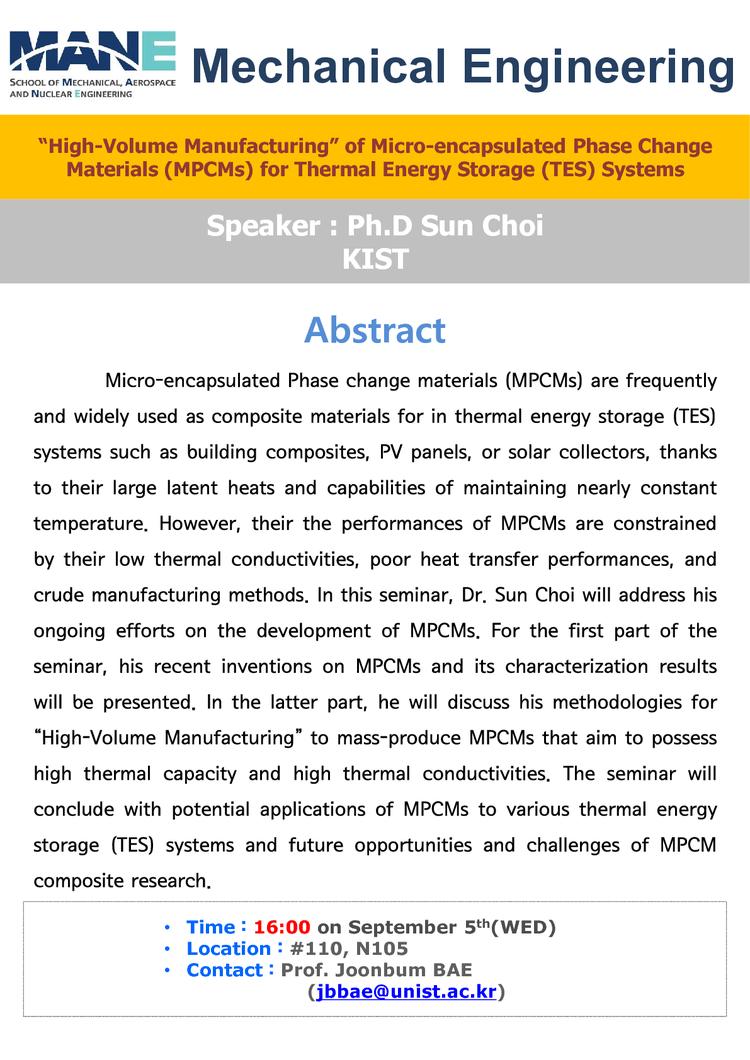 ［MEN］“High-Volume Manufacturing” of Micro-encapsulated Phase Change Materials (MPCMs) for Thermal Energy Storage (TES) Systems