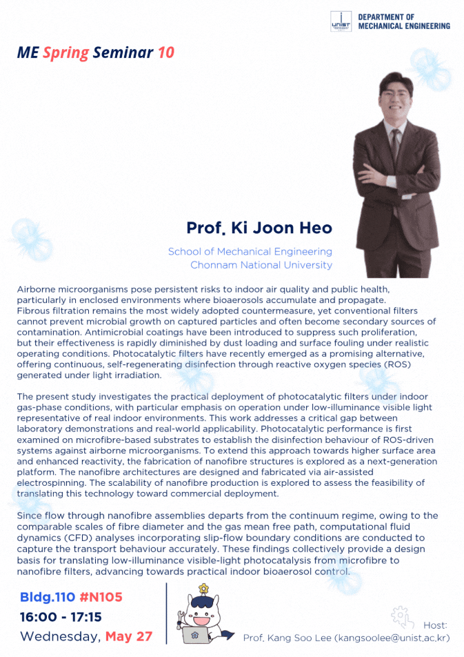 [2026 Spring ME Seminar 10] "Catching Light, Guiding Flow: Toward Photocatalytic Nanofibres Under Low Illumination"(5/27)