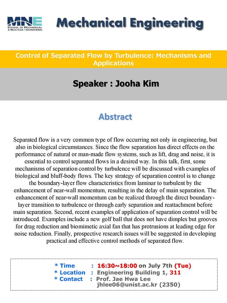 [15.07.07]Special MEN Seminar: Control of Separated Flow by Turbulence: Mechanisms and Applications
